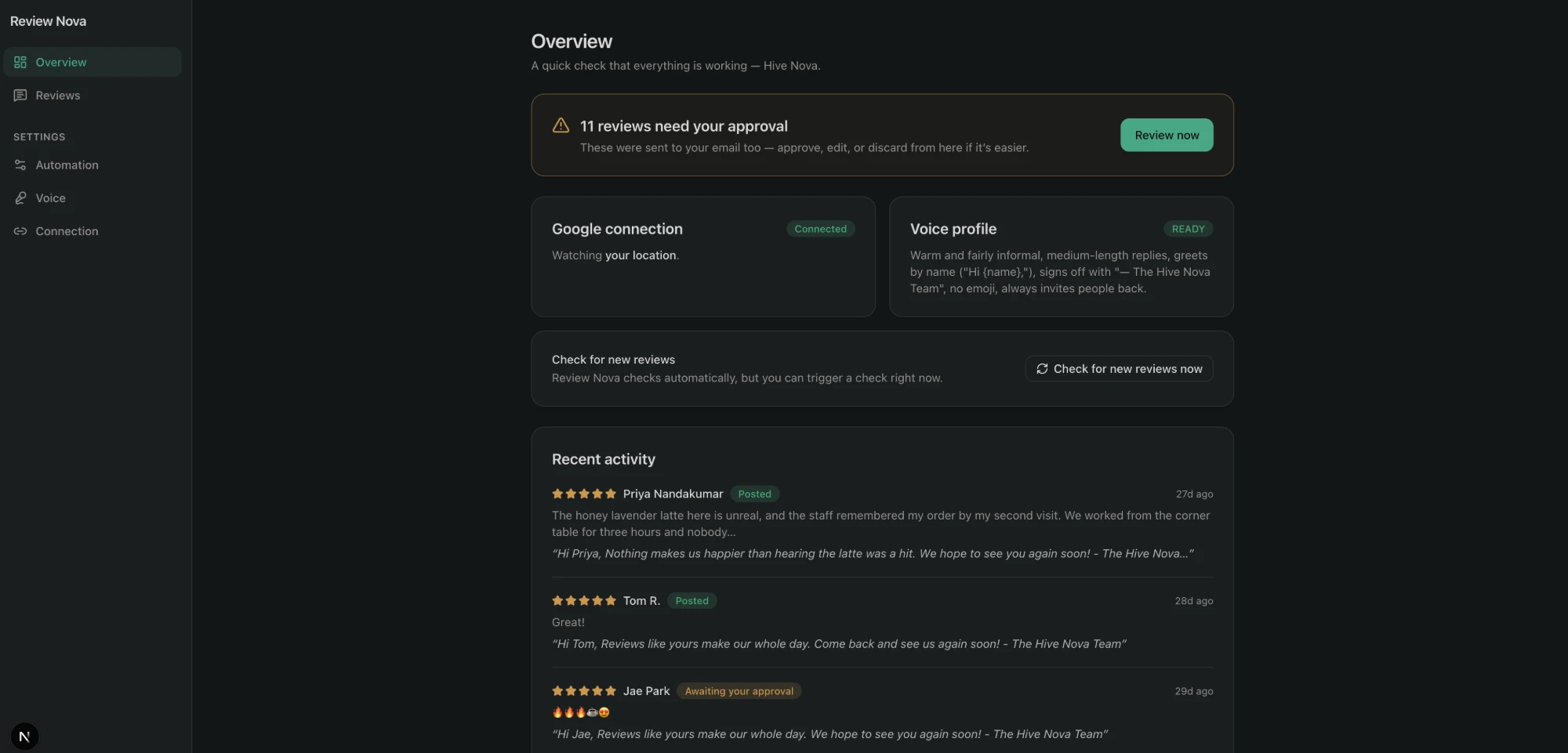 Review Nova dashboard overview showing reviews awaiting approval, Google connection status, voice profile, and recent activity