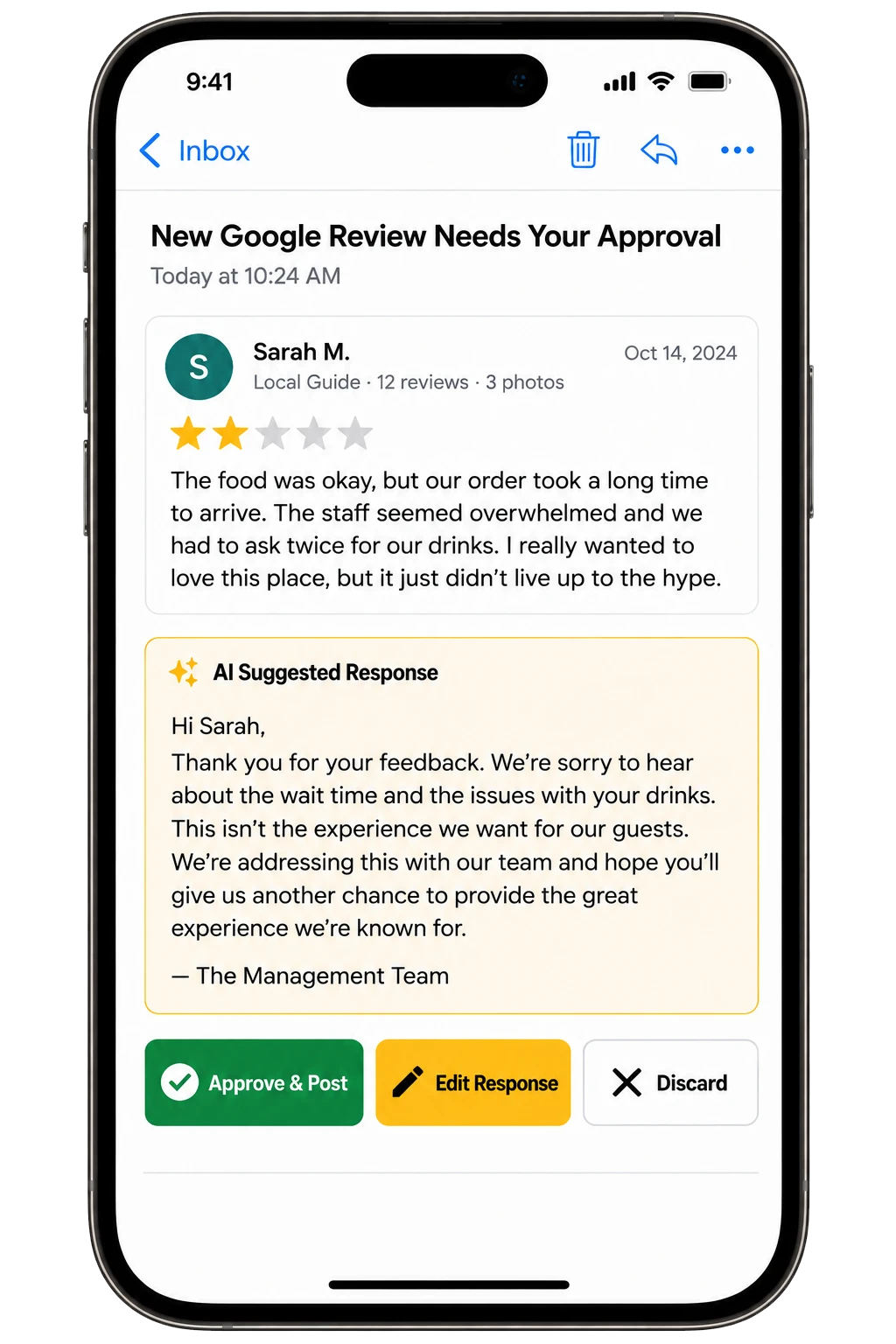 Mobile approval email showing a sample Google review with an AI-suggested response and Approve & Post, Edit Response, and Discard actions